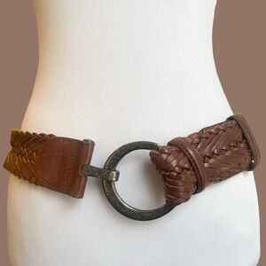 Wide Brown Braided Leather Belt O-ring Buckle Vintage 90s Size L